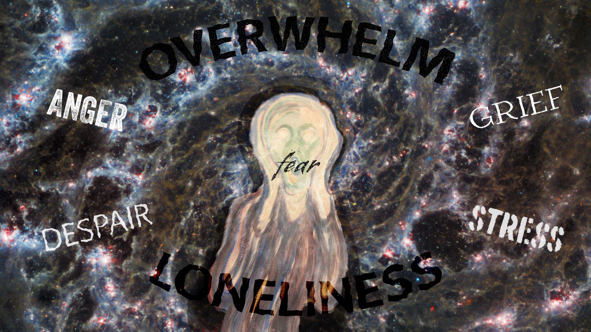 Image of the Scream by Munch superimposed over a black galaxy with the words overwhelm, anger, grief, fear, despair, stress, and loneliness